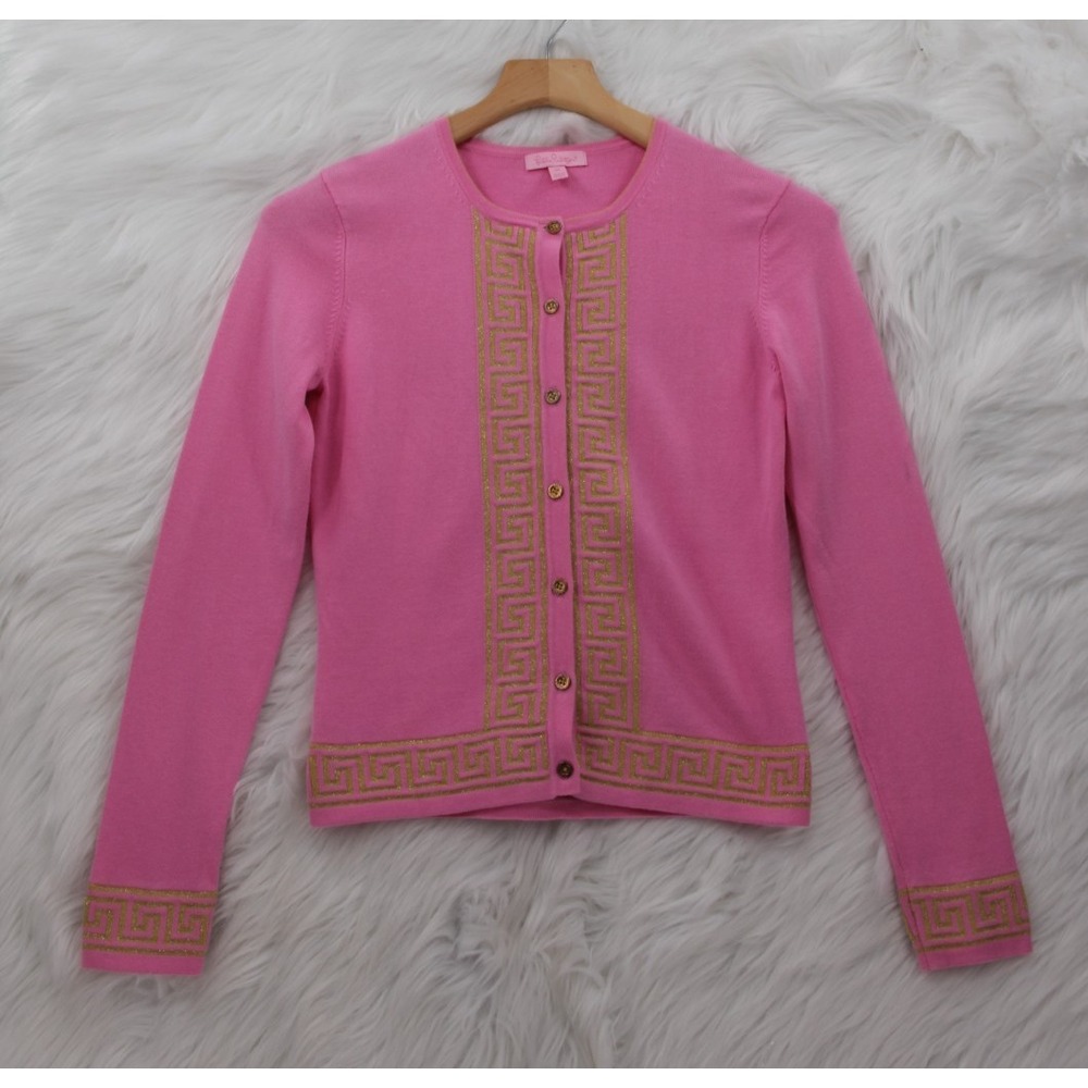 Lilly Pulitzer Keane Cardigan Cotton Knit Stretch Metallic Greek Key Sweater XS